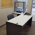 Beige and Grey L Suite Desk with Overhead and Rolling Pedestal